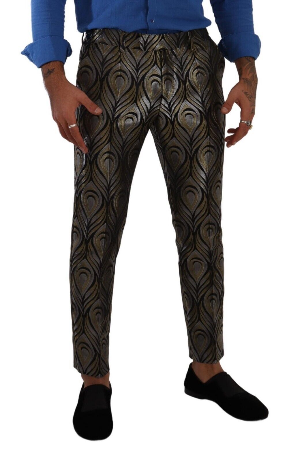 Dolce & Gabbana Silver Gold Jacquard Men Trouser Dress Men's Pants