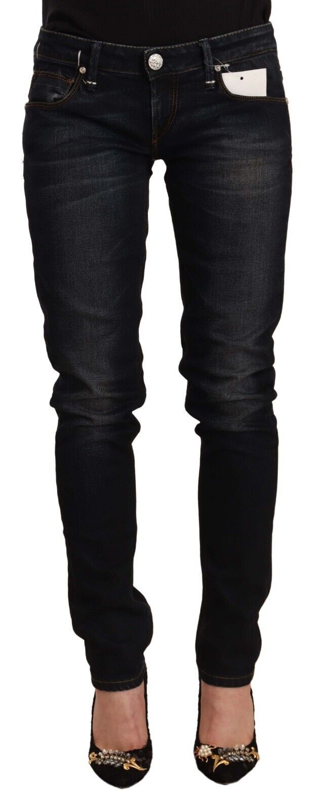 Acht Black Washed Cotton Low Waist Slim Fit Denim Women's Jeans