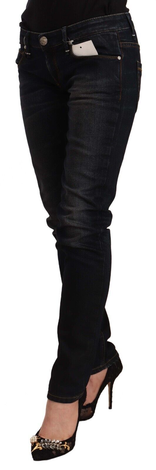 Acht Black Washed Cotton Low Waist Slim Fit Denim Women's Jeans