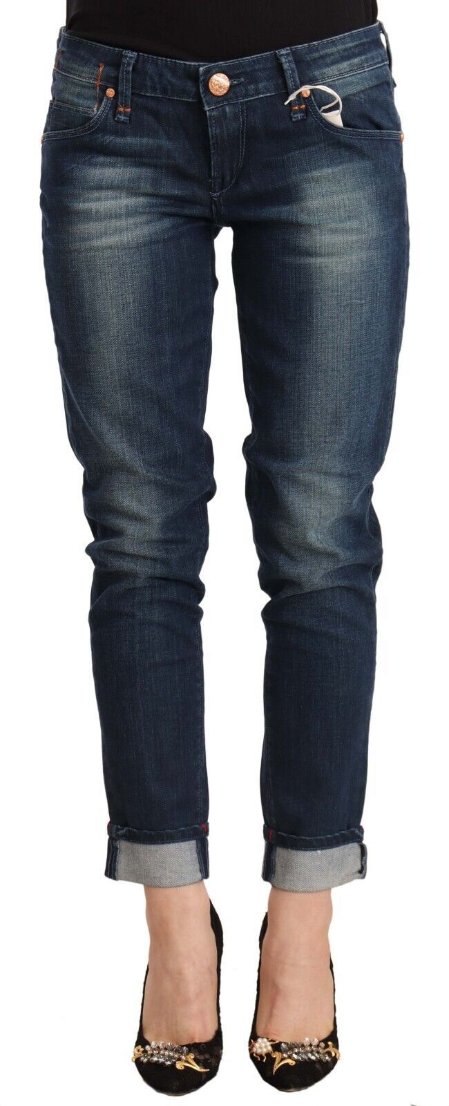 Acht Blue Washed Low Waist Skinny Denim Folded Hem Women's Jeans