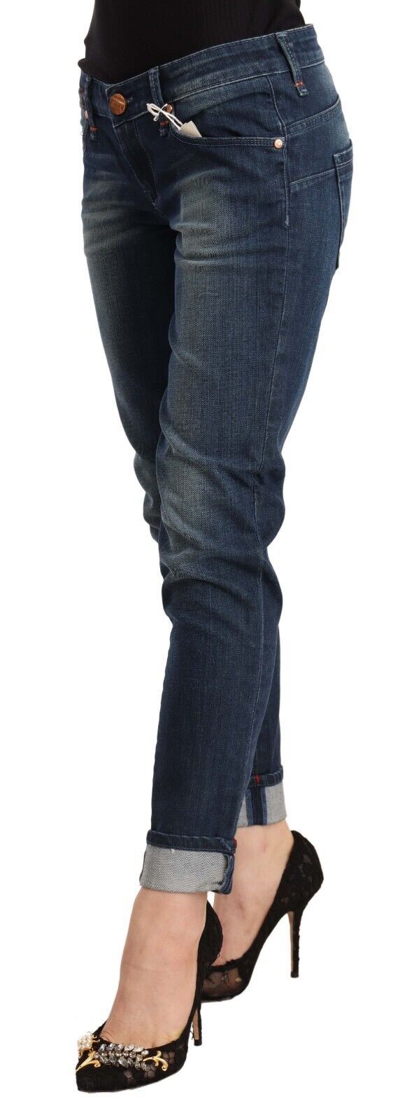 Acht Blue Washed Low Waist Skinny Denim Folded Hem Women's Jeans