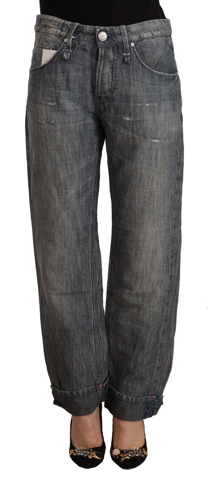 Acht Gray Washed Ramie Straight Denim Folded Hem Women's Jeans