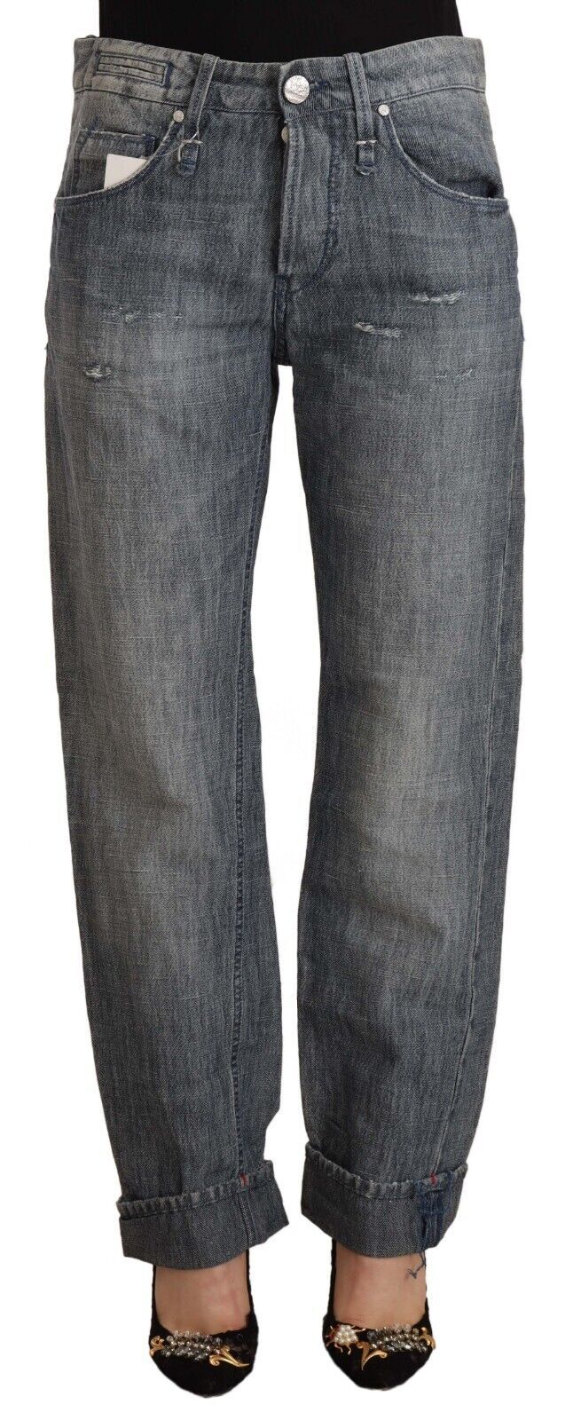 Acht Gray Washed Mid Waist Straight Denim Folded Hem Women's Jeans