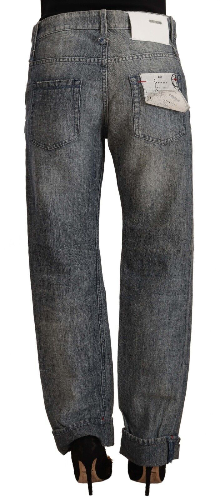 Acht Gray Washed Mid Waist Straight Denim Folded Hem Women's Jeans