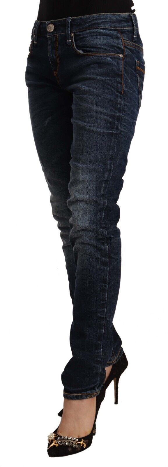Acht Blue Washed Cotton Mid Waist Skinny Denim Women's Jeans