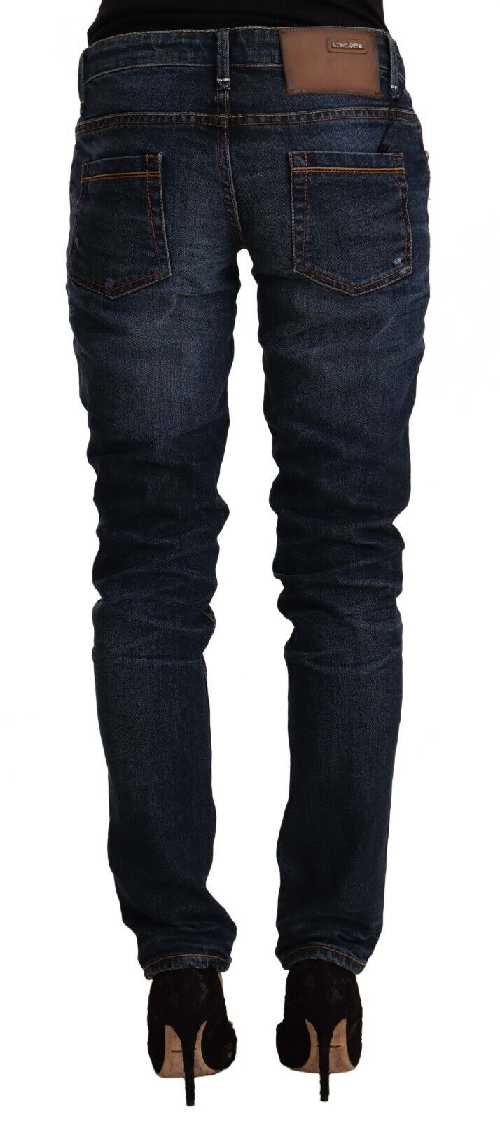 Acht Blue Washed Cotton Mid Waist Skinny Denim Women's Jeans