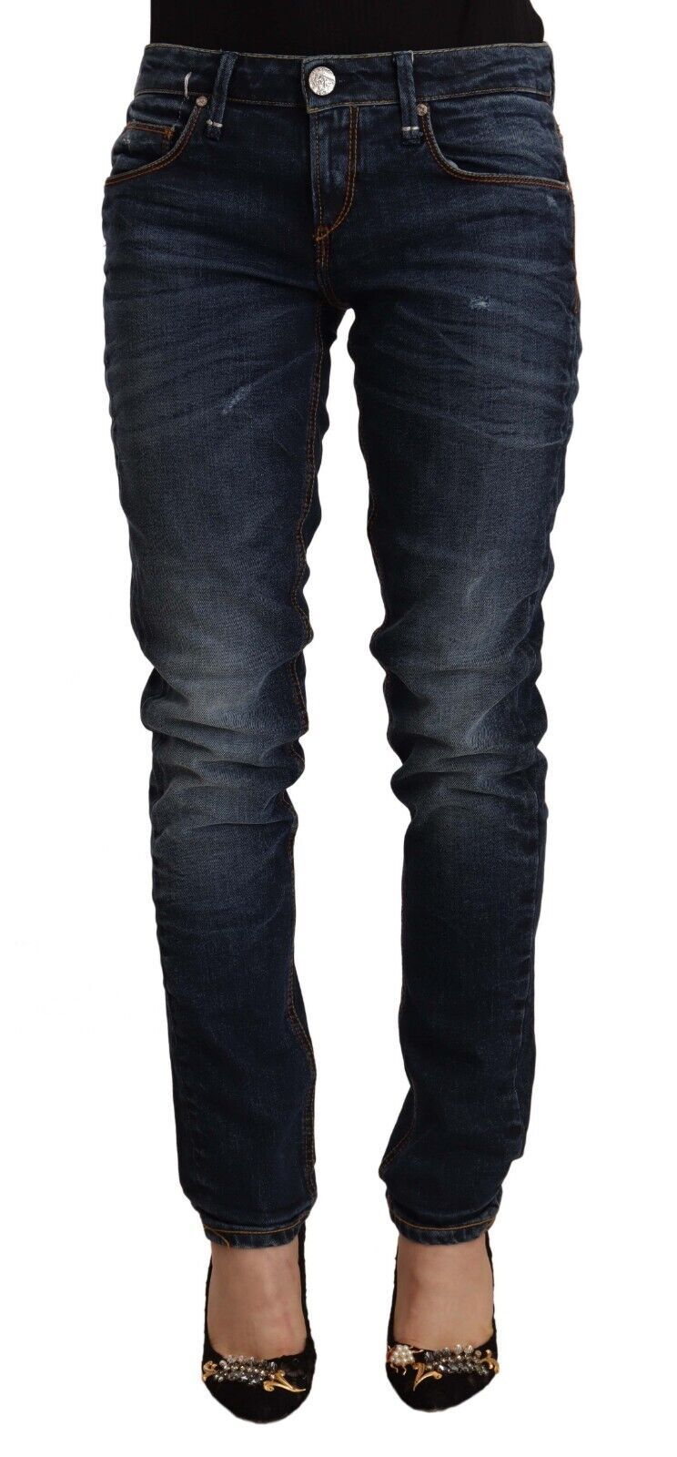 Acht Blue Washed Cotton Mid Waist Skinny Denim Women's Jeans