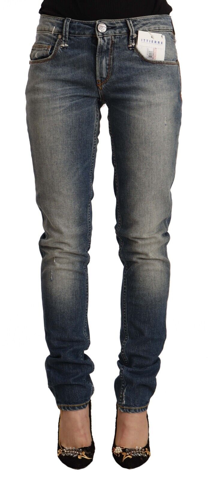 Acht Blue Washed Cotton Mid Waist Skinny Denim Women's Jeans