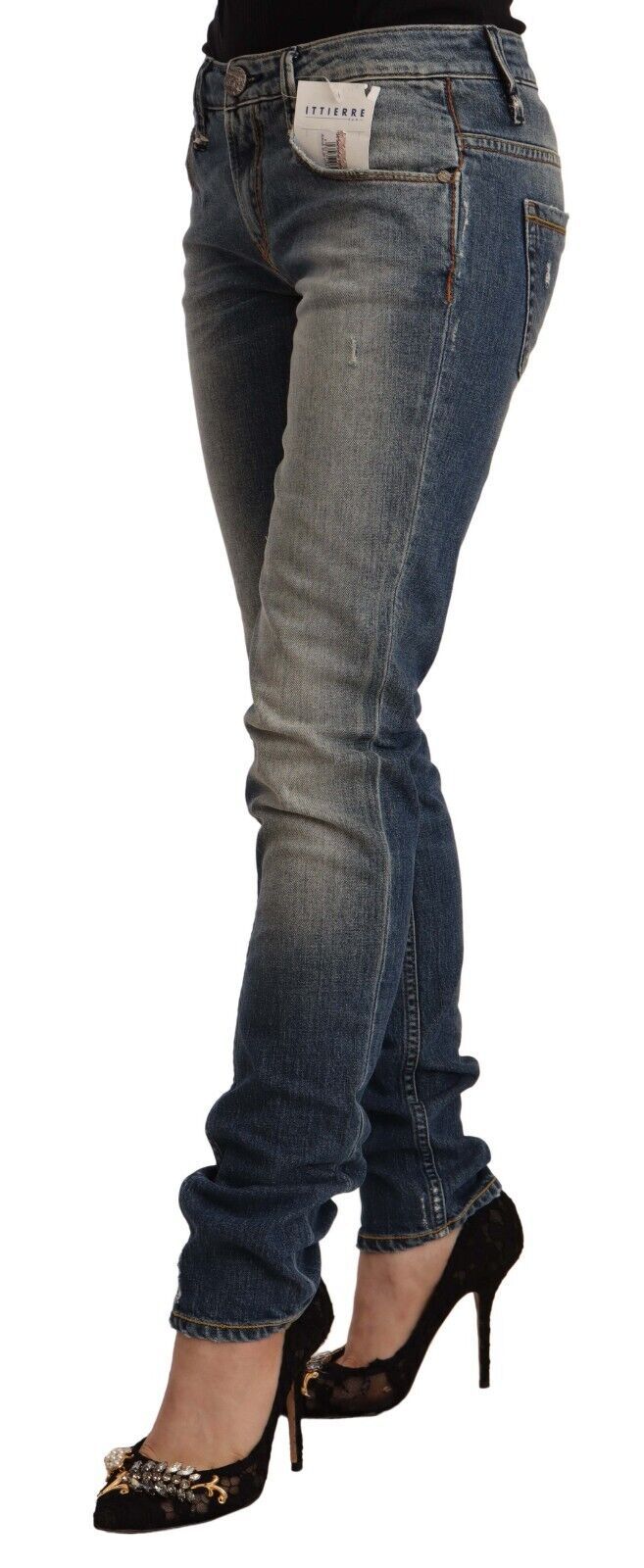 Acht Blue Washed Cotton Mid Waist Skinny Denim Women's Jeans