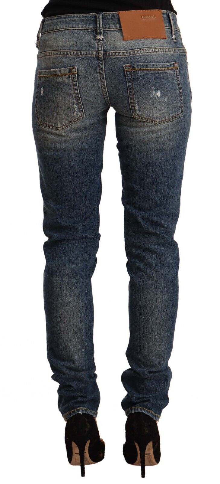 Acht Blue Washed Cotton Mid Waist Skinny Denim Women's Jeans