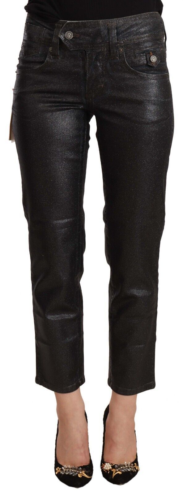 John Galliano Black Glittered Mid Waist Cotton Cropped Women's Pants