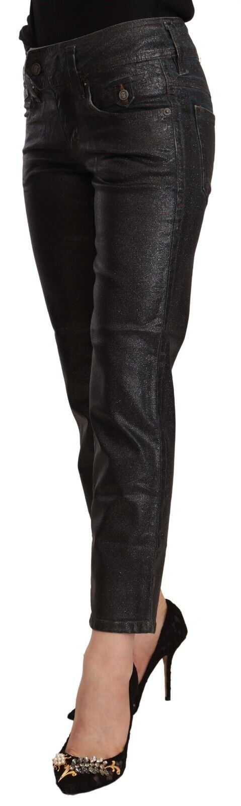 John Galliano Black Glittered Mid Waist Cotton Cropped Women's Pants