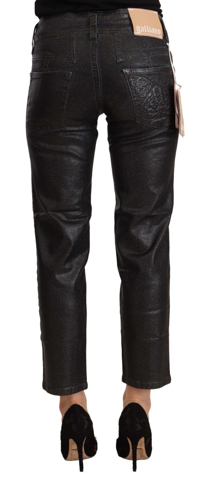 John Galliano Black Glittered Mid Waist Cotton Cropped Women's Pants