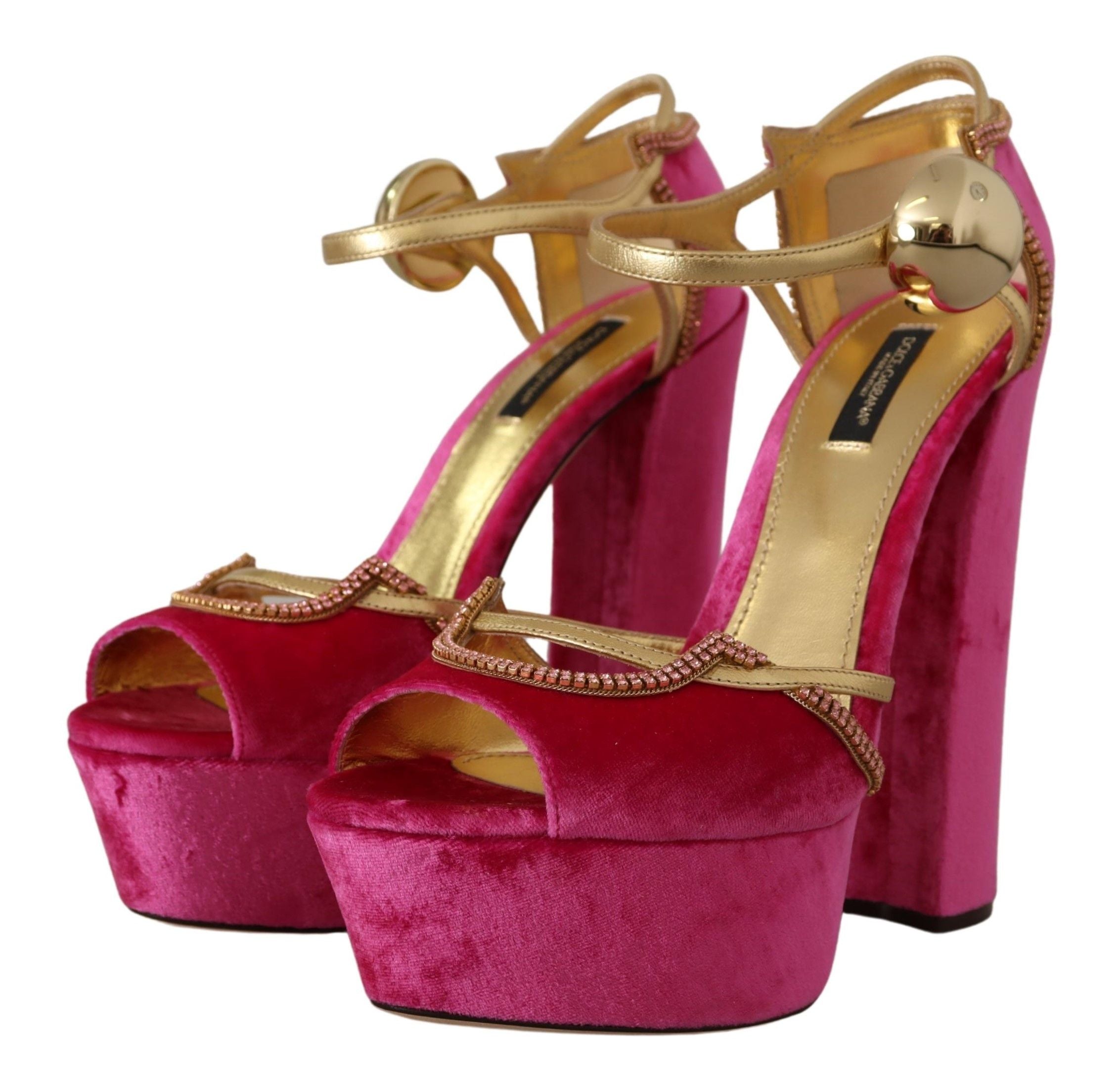 Dolce & Gabbana Pink Velvet Crystal Ankle Strap Sandals Women's Shoes