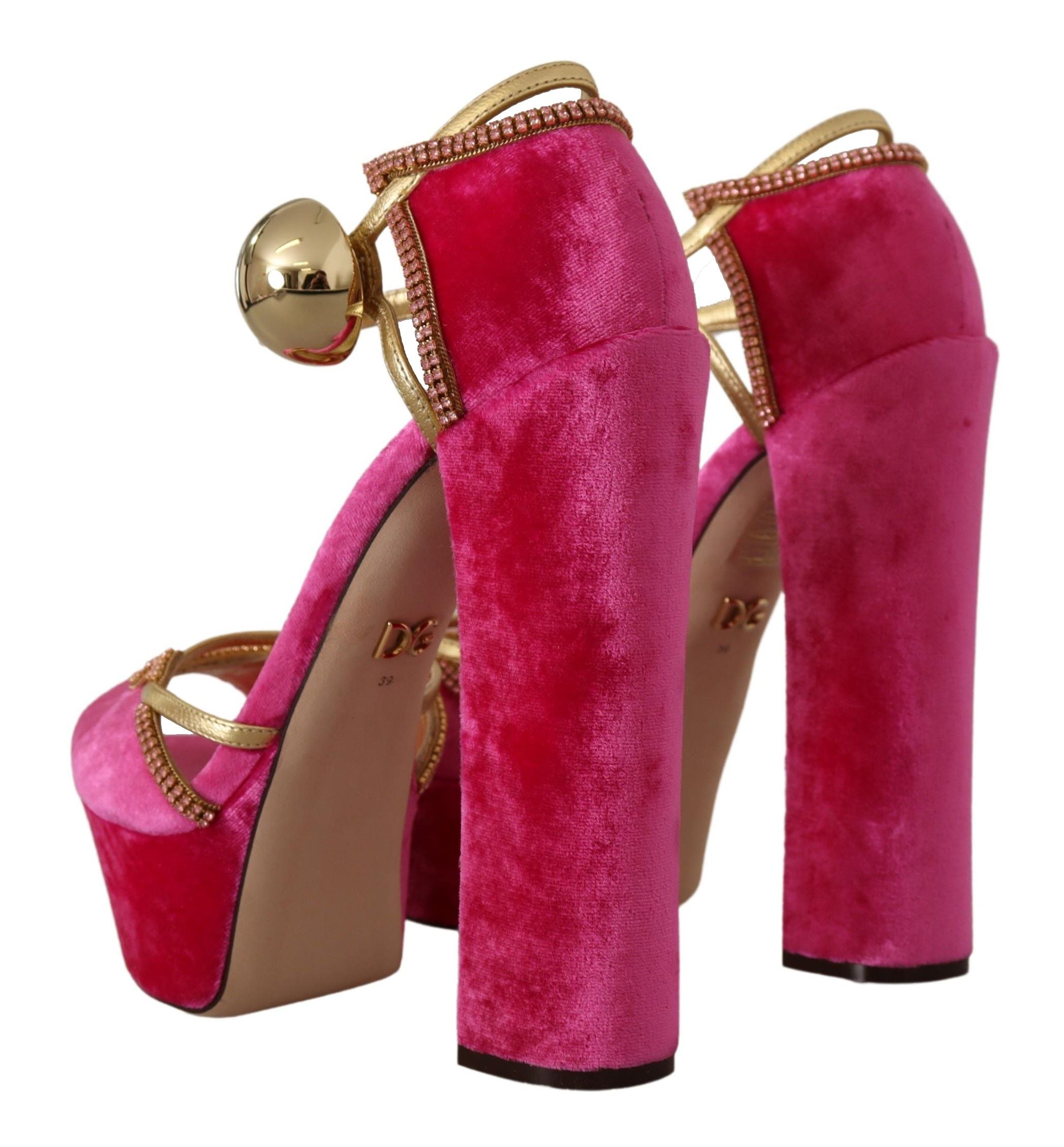 Dolce & Gabbana Pink Velvet Crystal Ankle Strap Sandals Women's Shoes