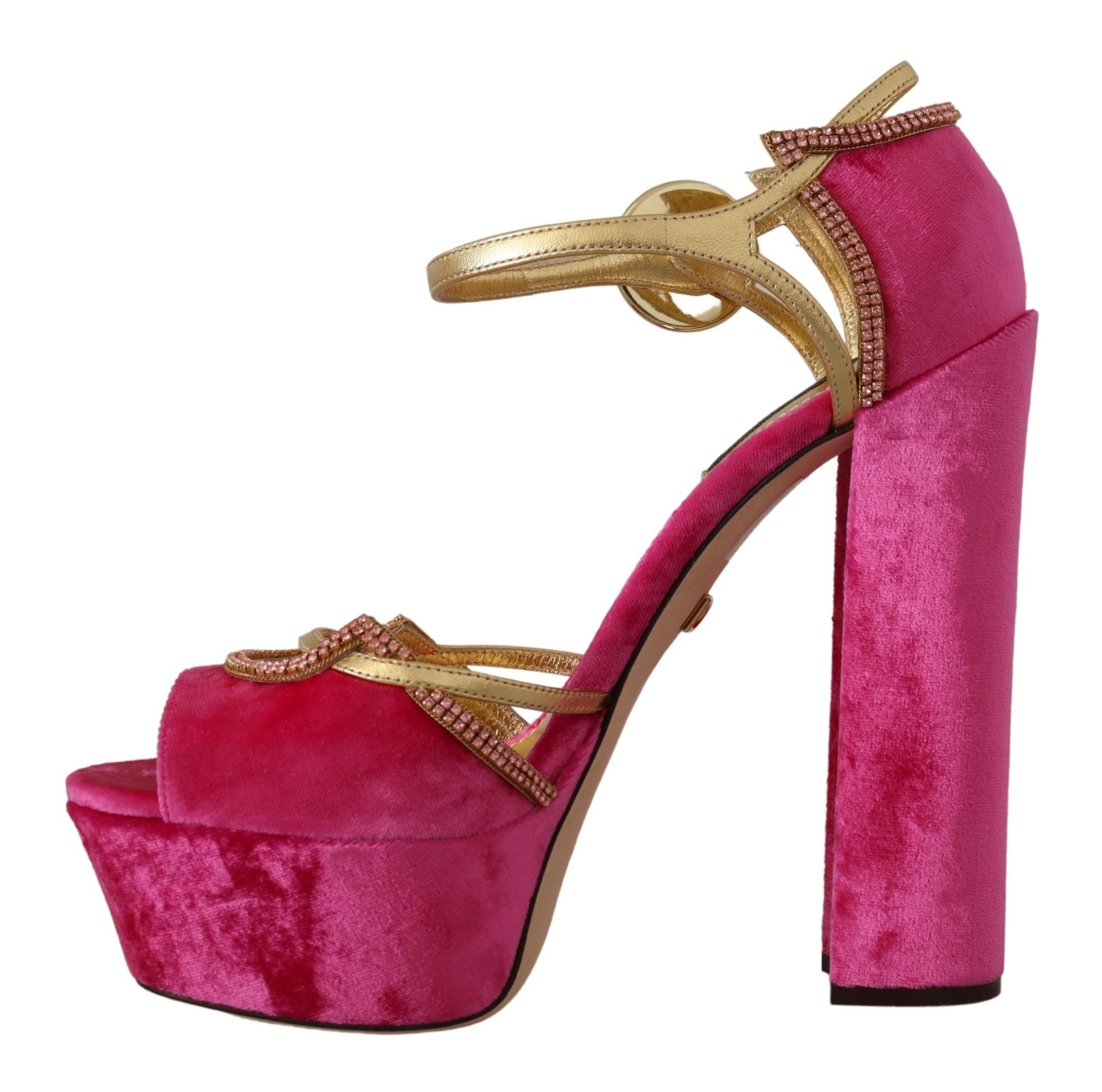 Dolce & Gabbana Pink Velvet Crystal Ankle Strap Sandals Women's Shoes