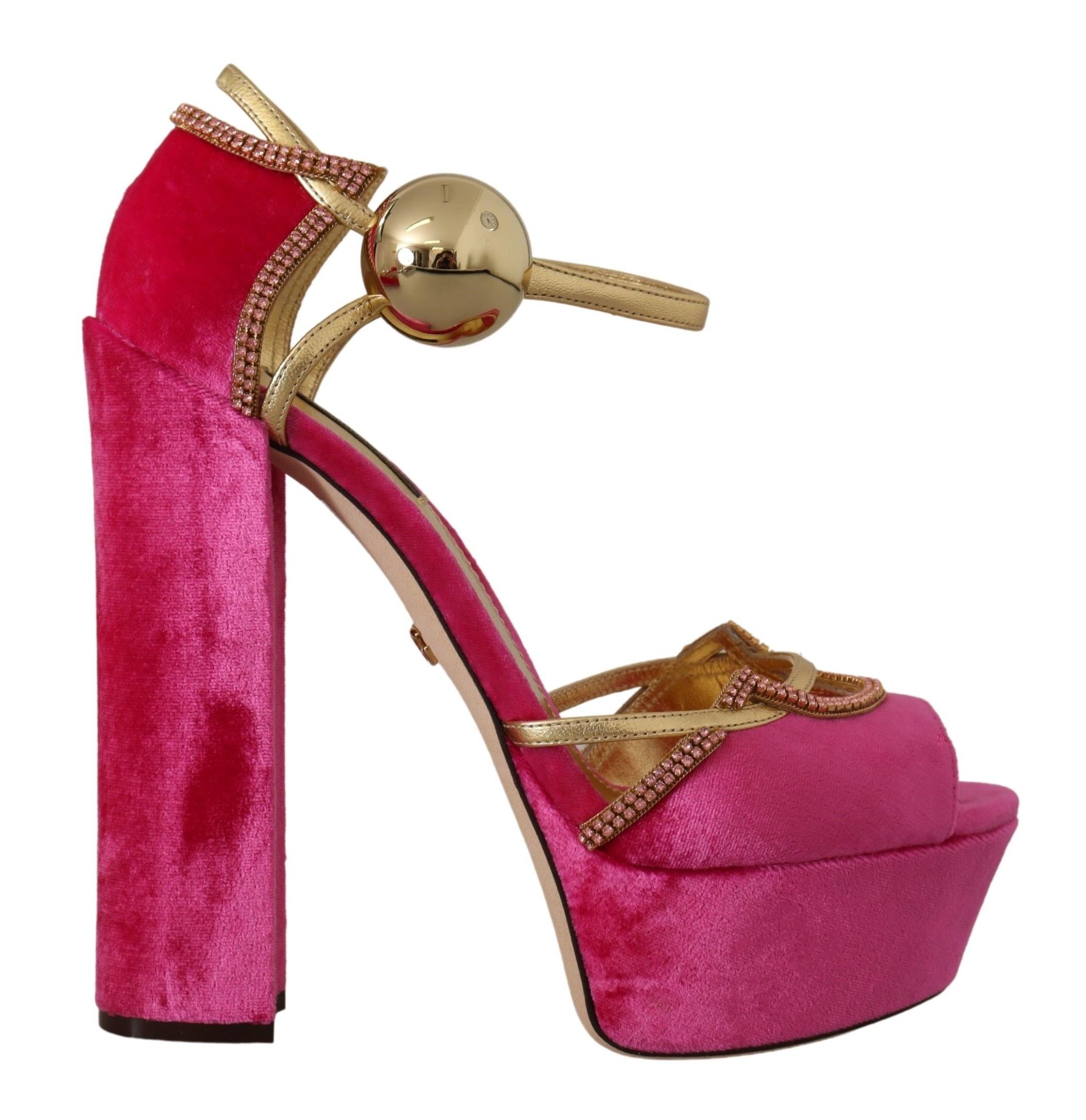 Dolce & Gabbana Pink Velvet Crystal Ankle Strap Sandals Women's Shoes
