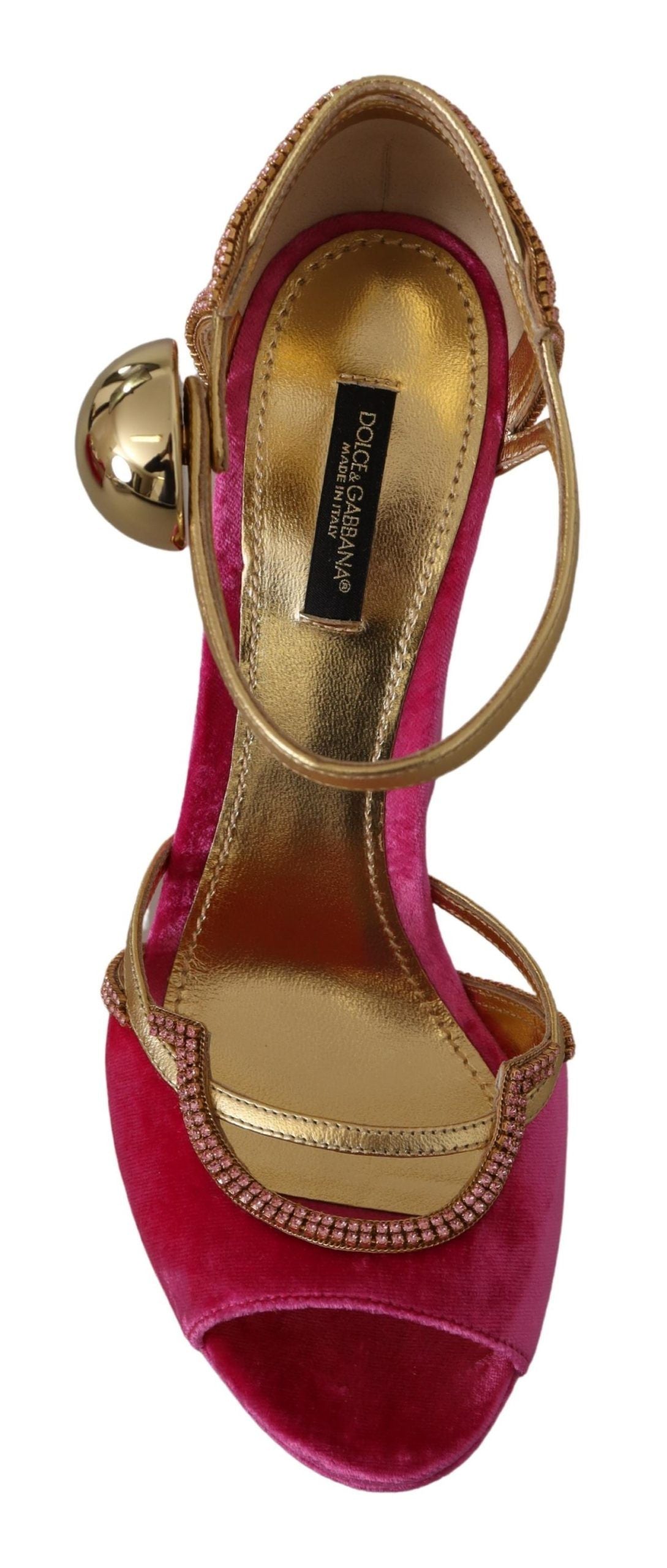 Dolce & Gabbana Pink Velvet Crystal Ankle Strap Sandals Women's Shoes