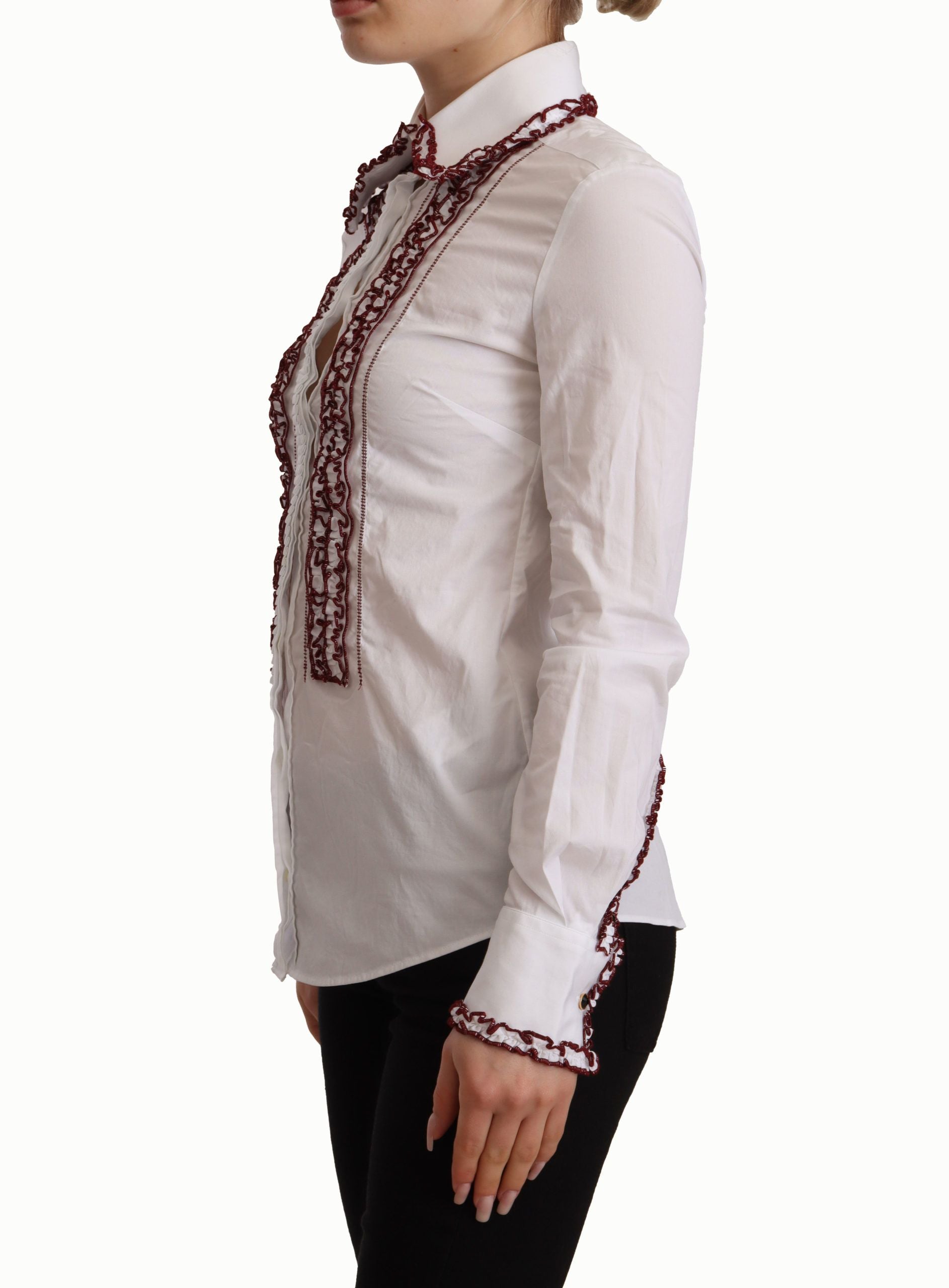 Dolce & Gabbana White Cotton Lace Long Sleeves Ruffle Collar Top Women's Shirt