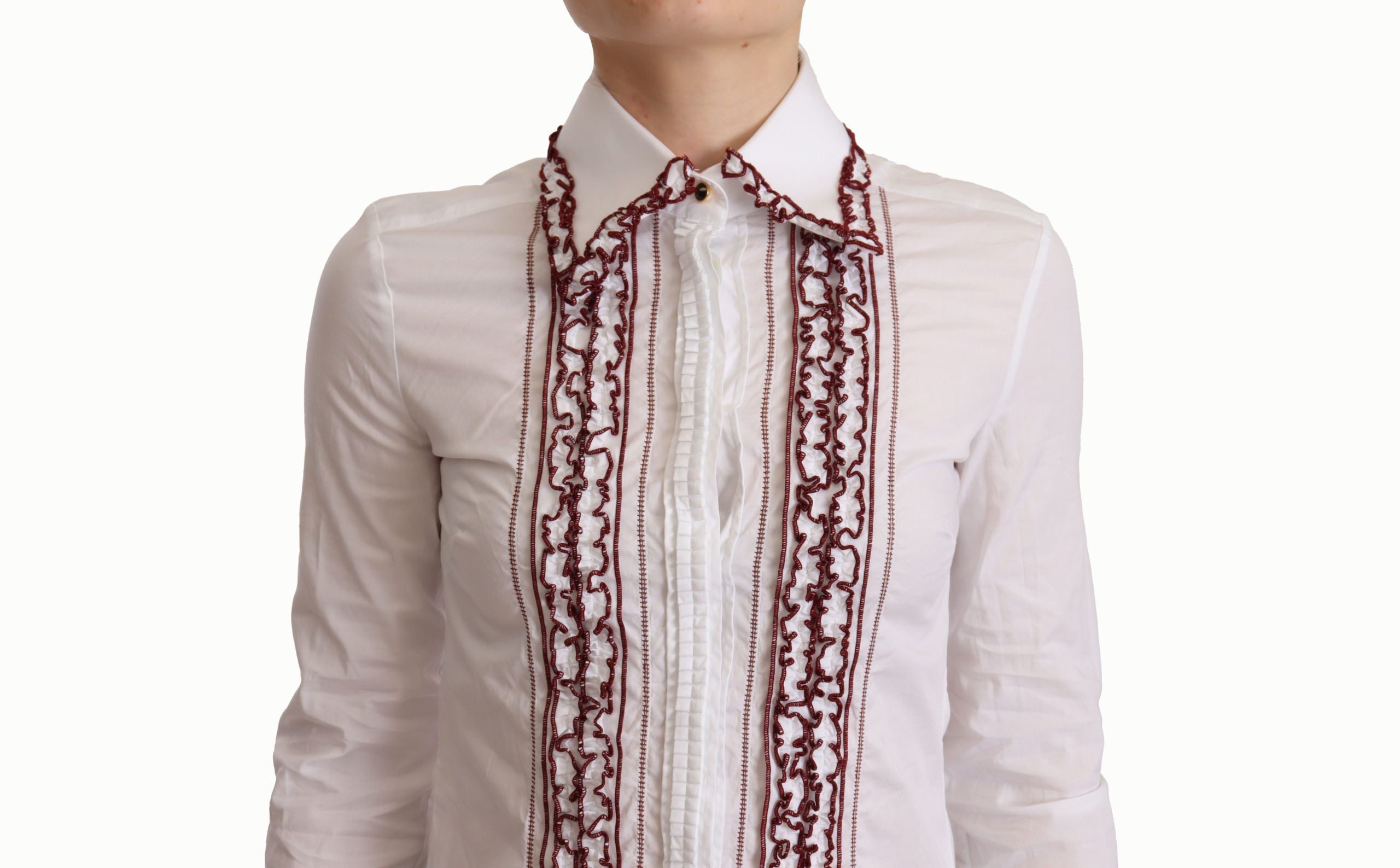 Dolce & Gabbana White Cotton Lace Long Sleeves Ruffle Collar Top Women's Shirt
