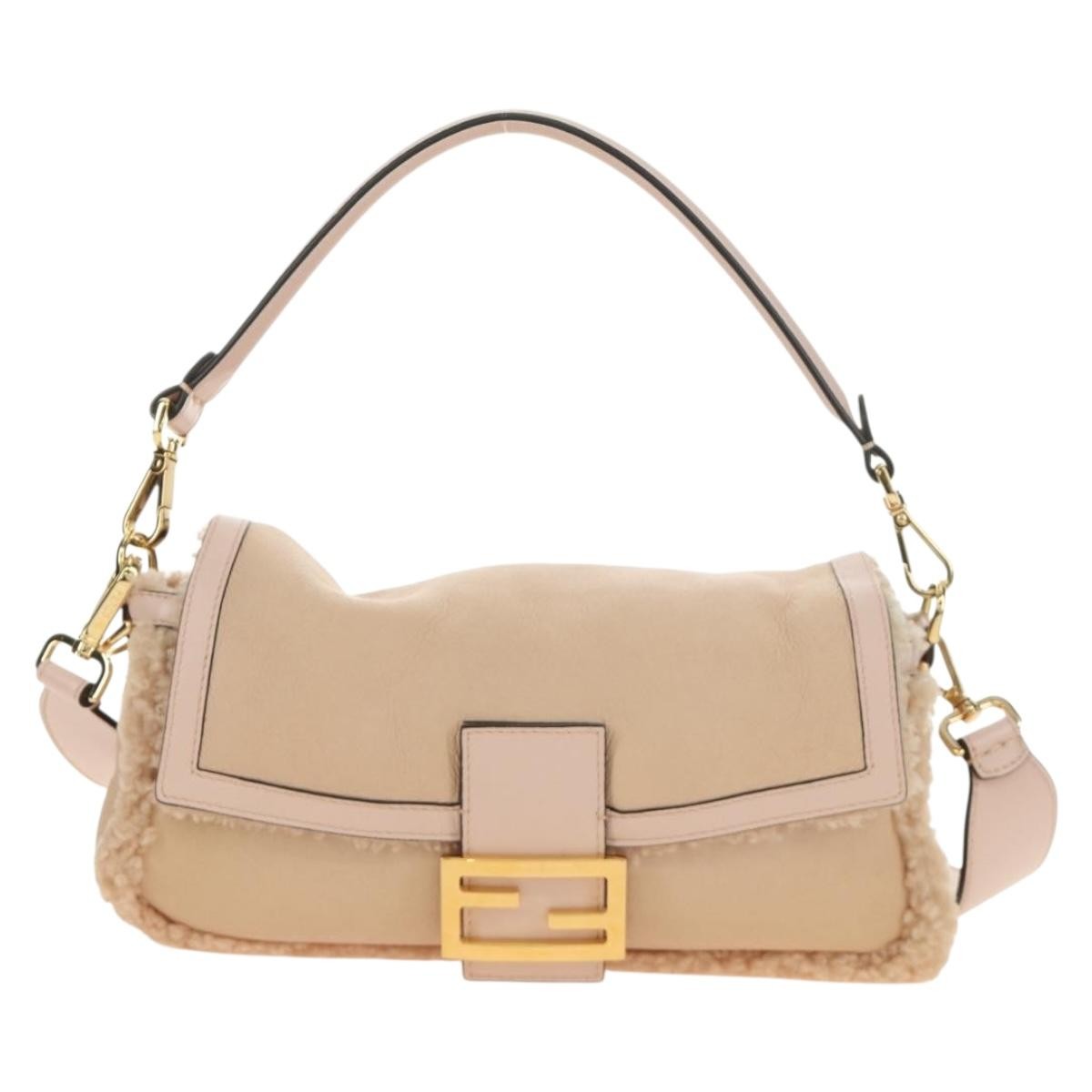 Fendi Mamma Baguette Zucca Canvas Beige Leather Shoulder Bag Bag (Pre-Owned)
