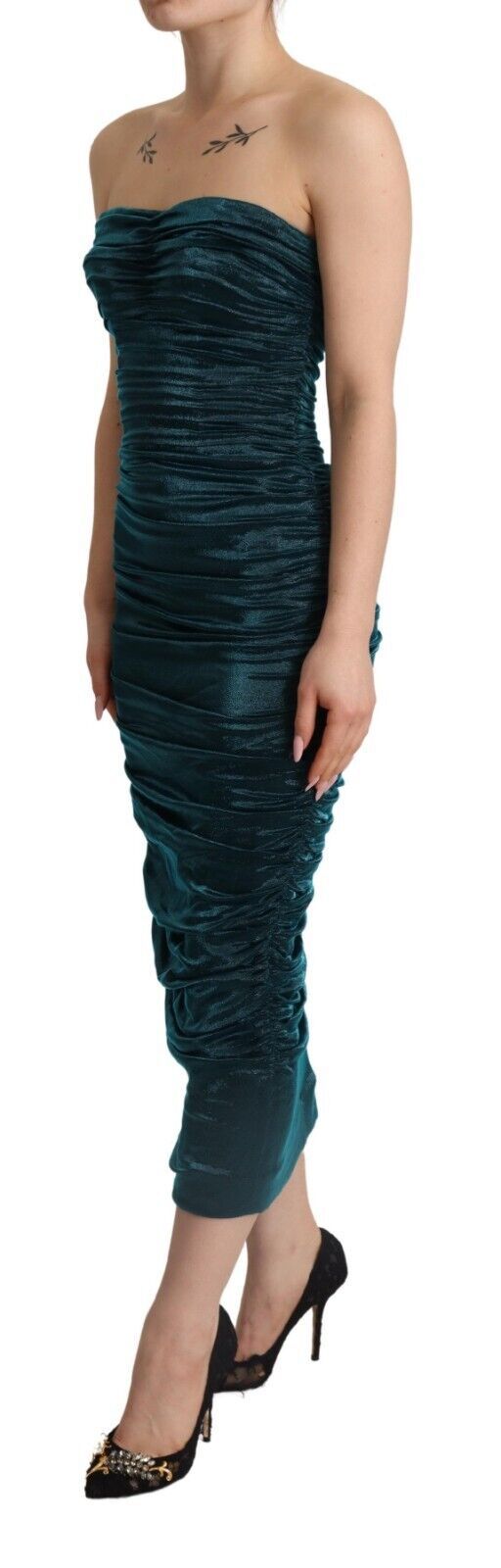 Dolce & Gabbana Turquoise Bustier Bodice Draped Midi Women's Dress. (Pre-Owned)