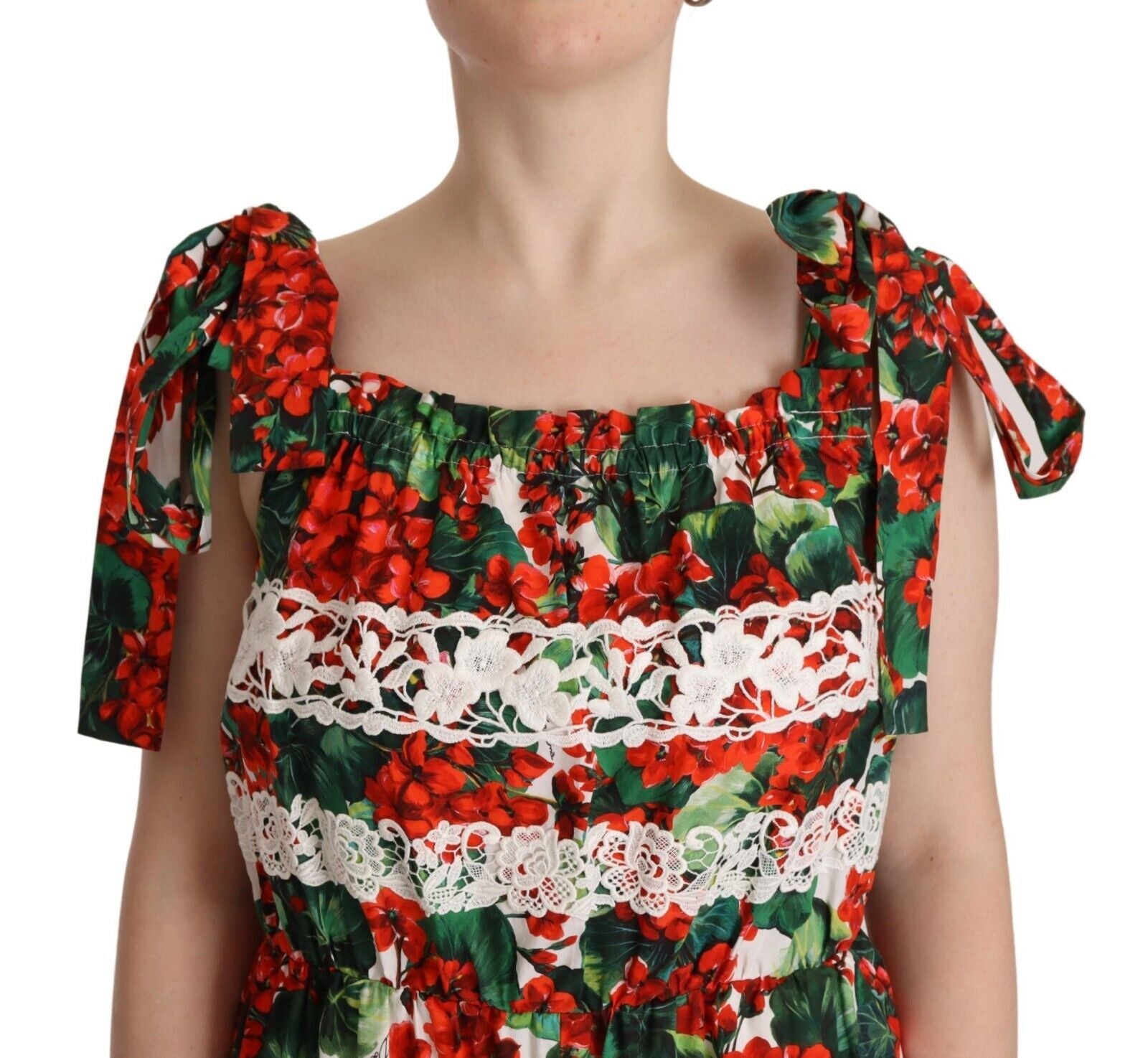 Dolce & Gabbana Multicolor Geranium Print Lace Long Maxi Women's Dress