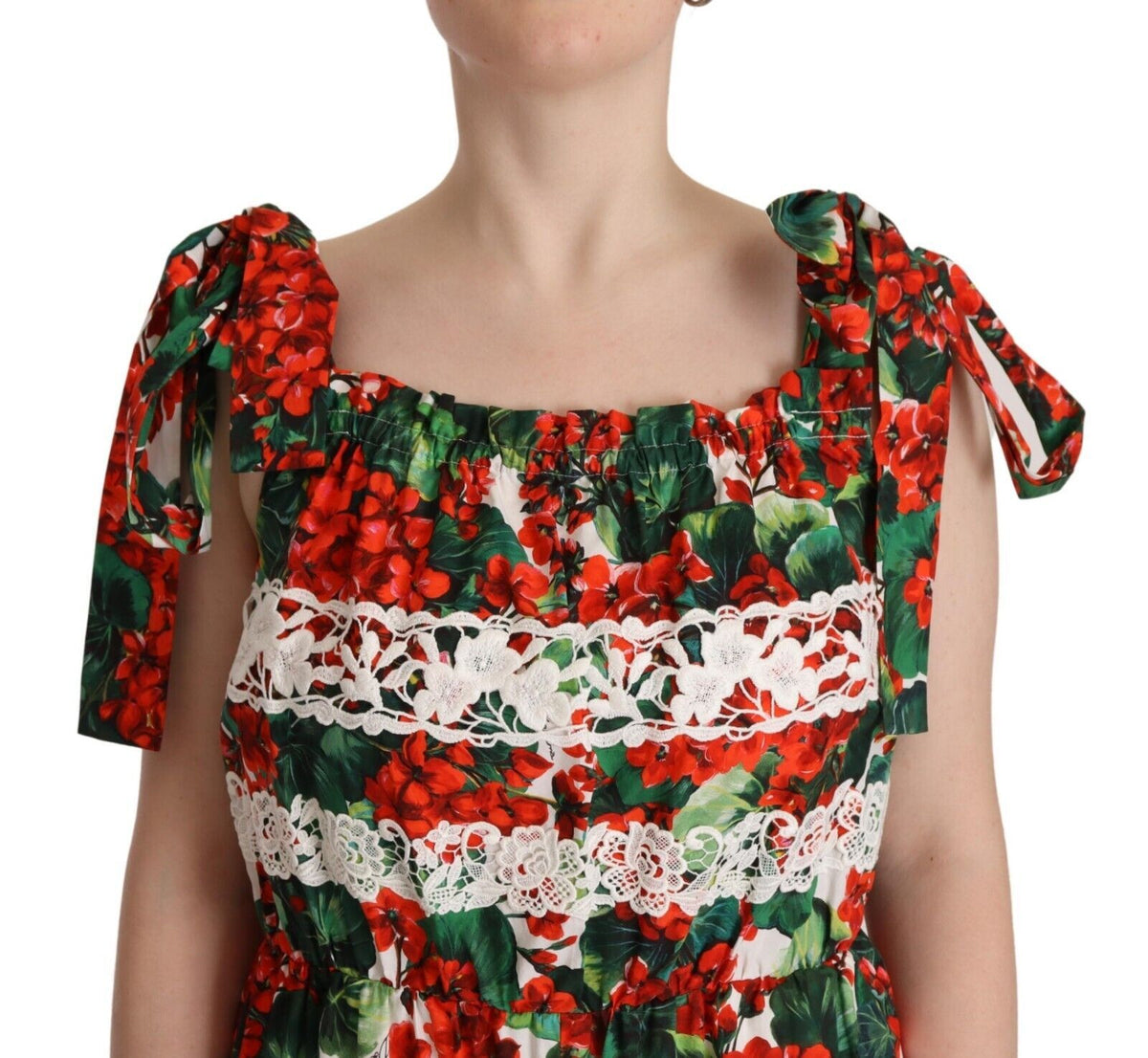 Dolce & Gabbana Multicolor Geranium Print Lace Long Maxi Women's Dress