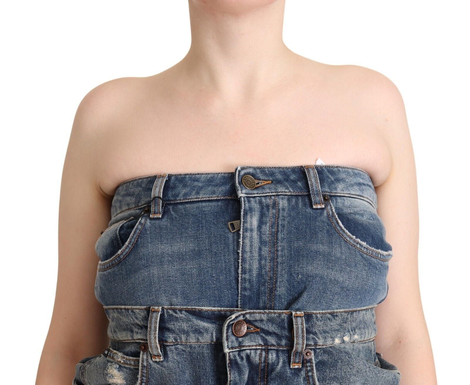Dolce & Gabbana Dark Blue Cotton Strapless Denim Jumpsuit Women's Dress