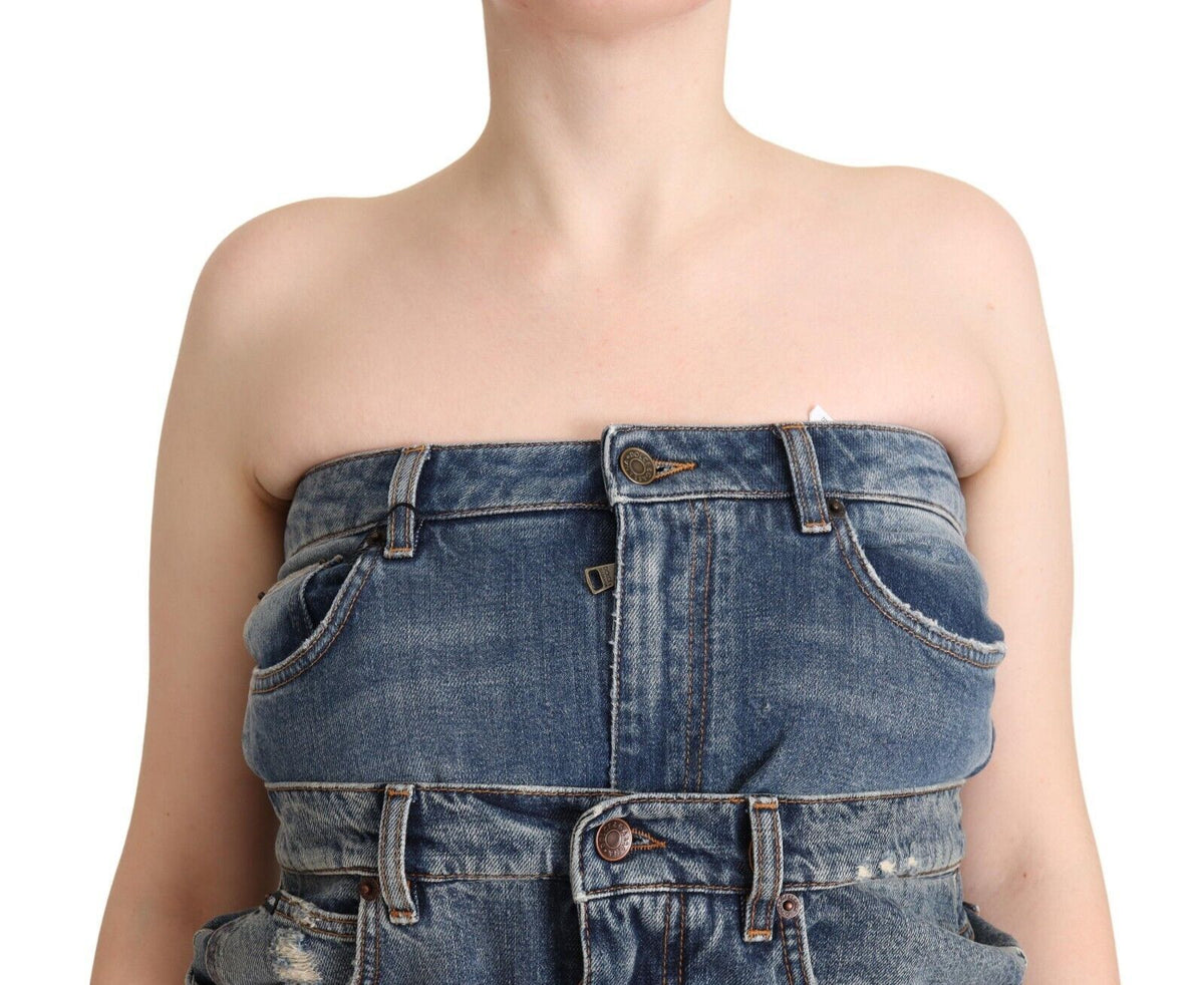 Dolce & Gabbana Dark Blue Cotton Strapless Denim Jumpsuit Women's Dress