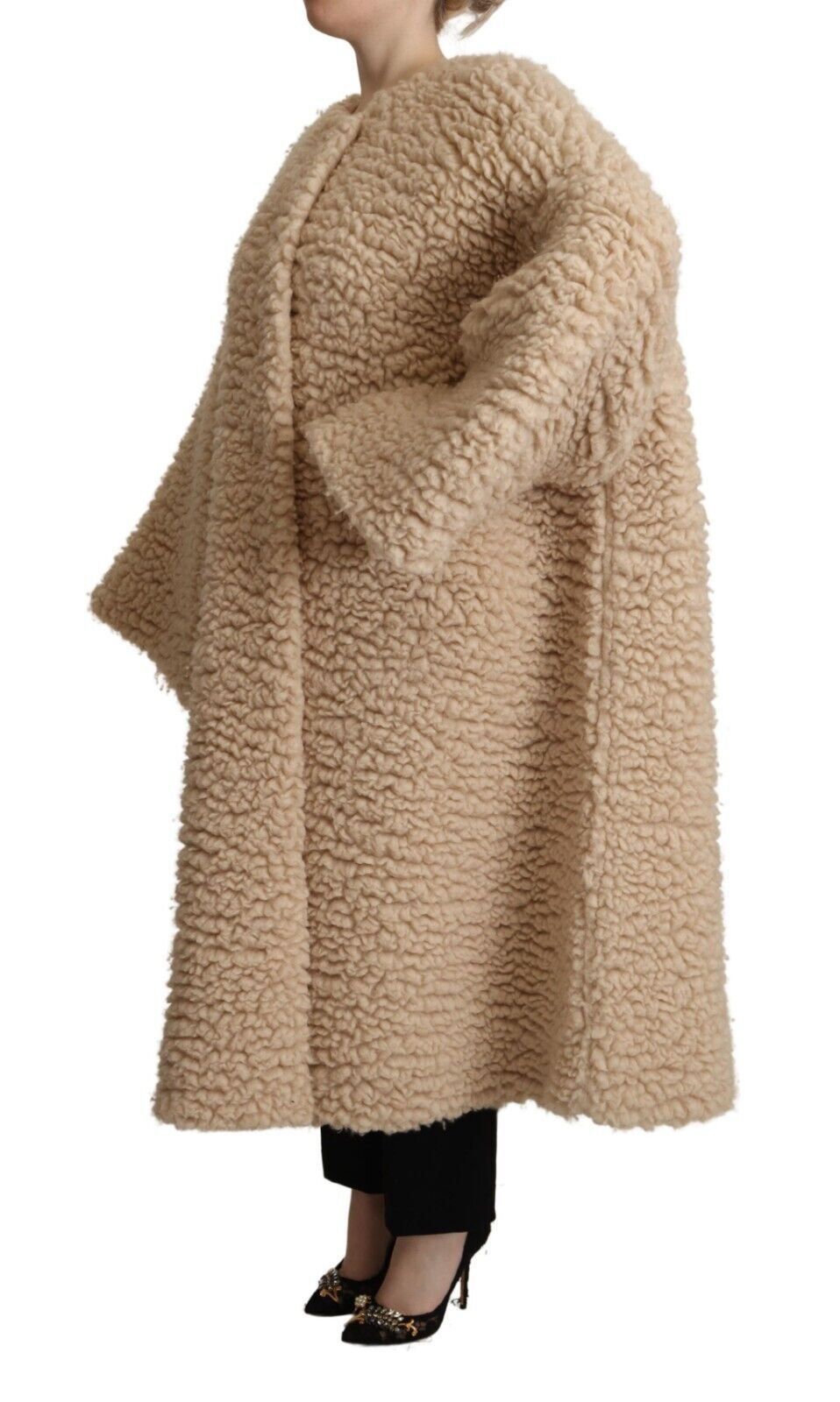 Dolce & Gabbana Beige Cashmere Wool Faux Fur Coat Women's Jacket