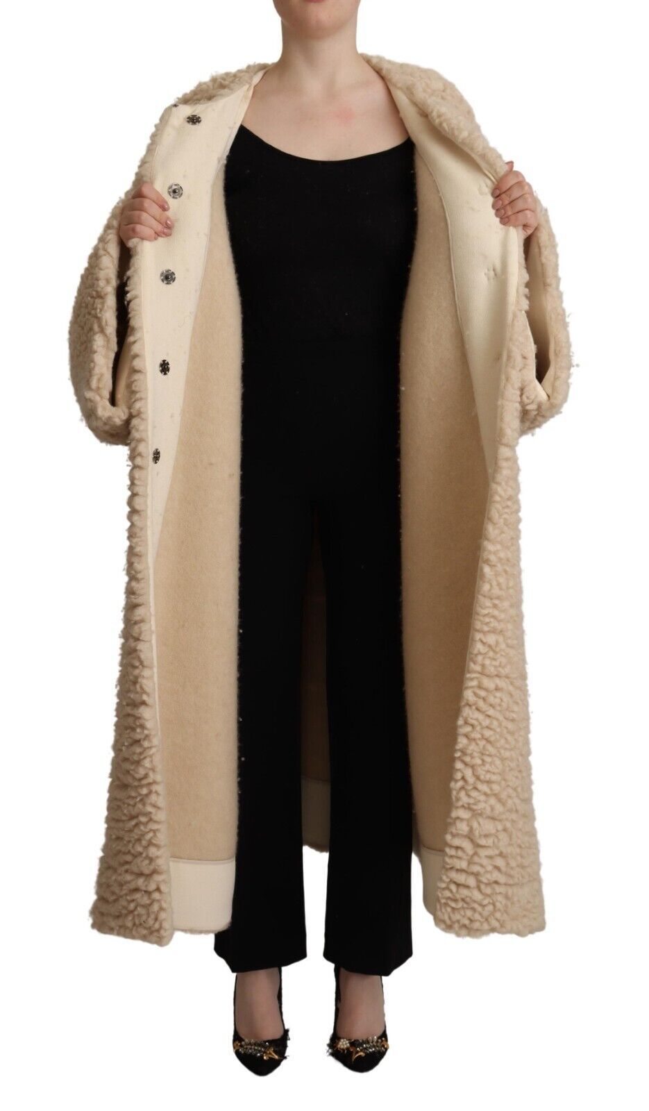 Dolce & Gabbana Beige Cashmere Wool Faux Fur Coat Women's Jacket