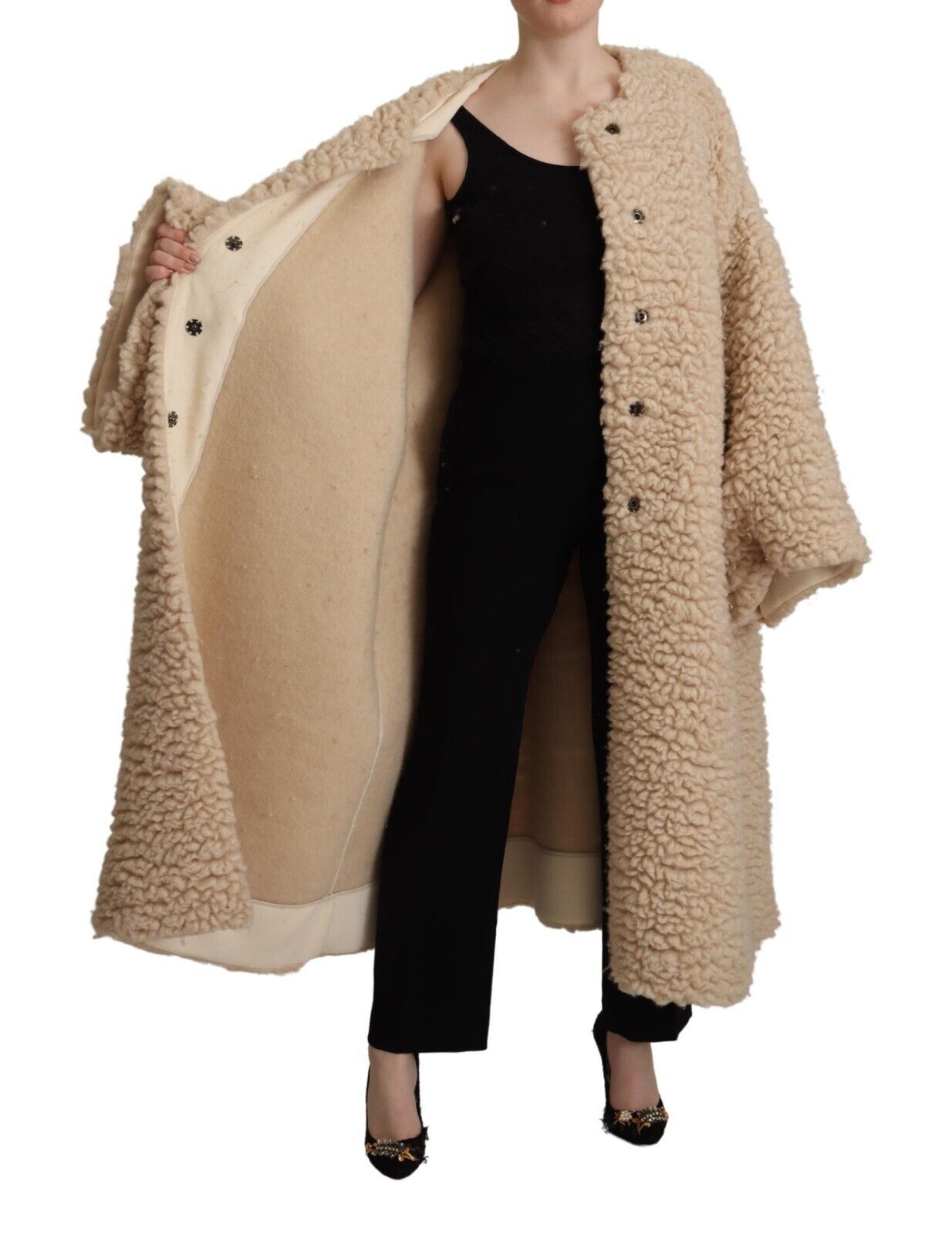 Dolce & Gabbana Beige Cashmere Wool Faux Fur Coat Women's Jacket
