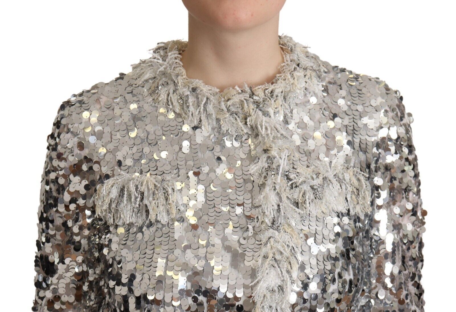 Dolce & Gabbana Silver Sequined Shearling Long Sleeves Women's Jacket