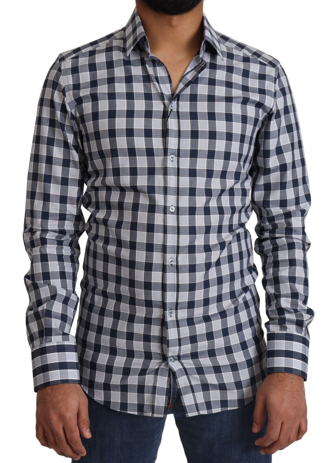 Dolce & Gabbana Elegant Blue & White Checkered Slim Fit Dress Men's Shirt