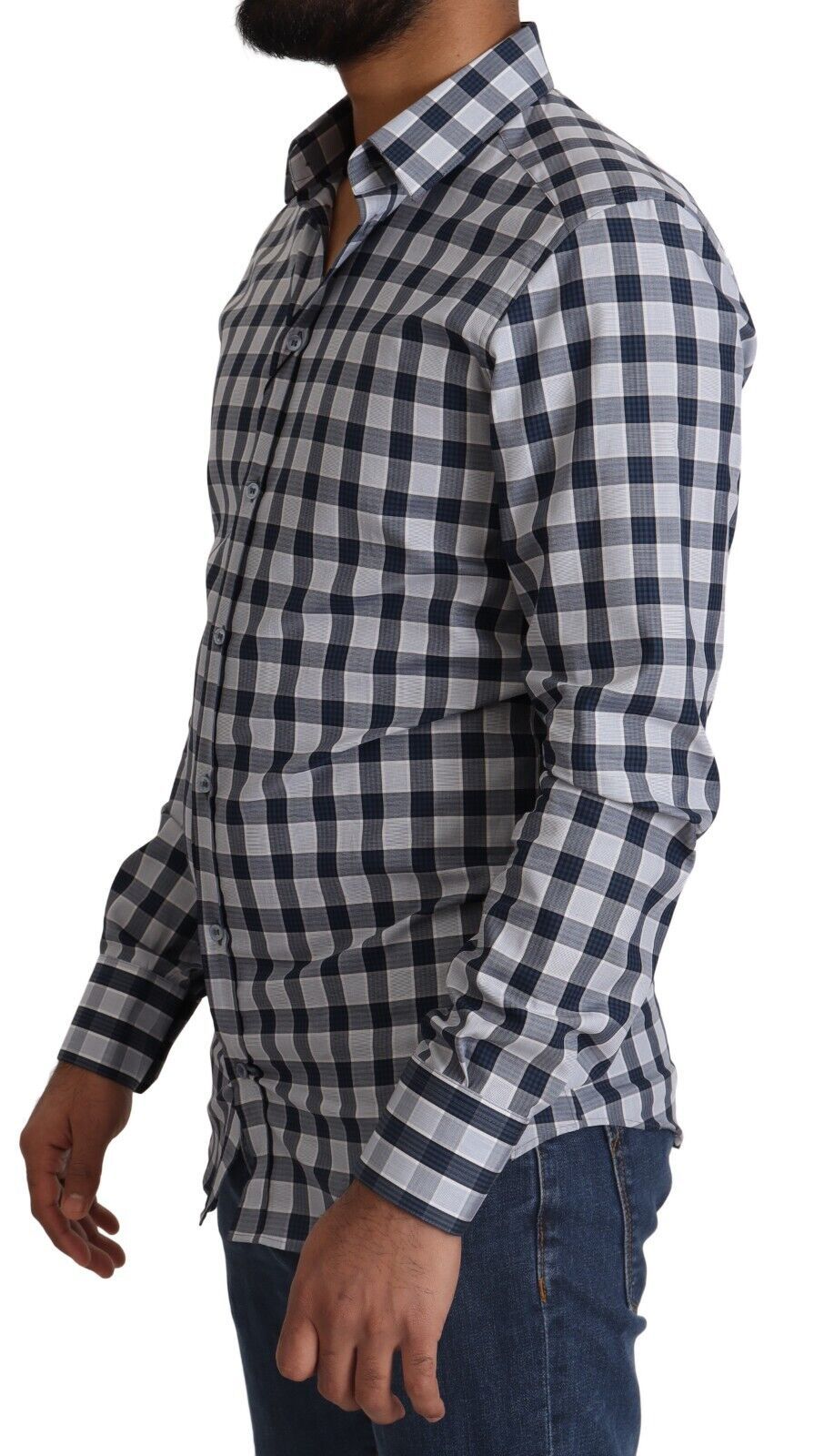 Dolce & Gabbana Blue White Check Cotton Slim Fit GOLD Men's Shirt