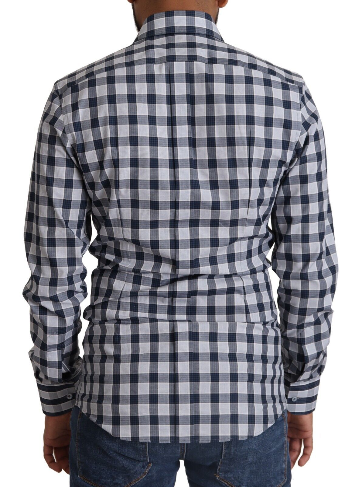 Dolce & Gabbana Blue White Check Cotton Slim Fit GOLD Men's Shirt