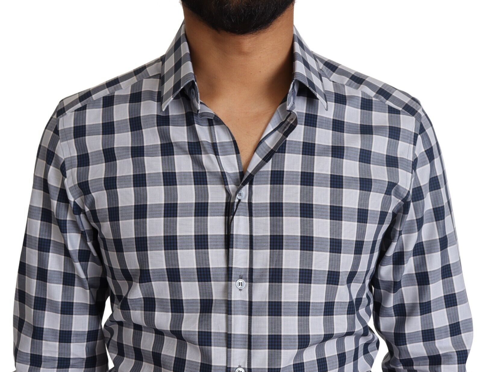 Dolce & Gabbana Blue White Check Cotton Slim Fit GOLD Men's Shirt