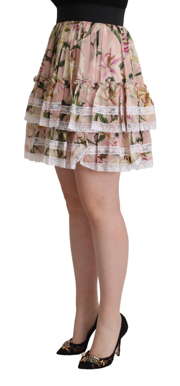 Dolce & Gabbana Pink Lily Print Silk Mini Tiered A-line Women's Skirt