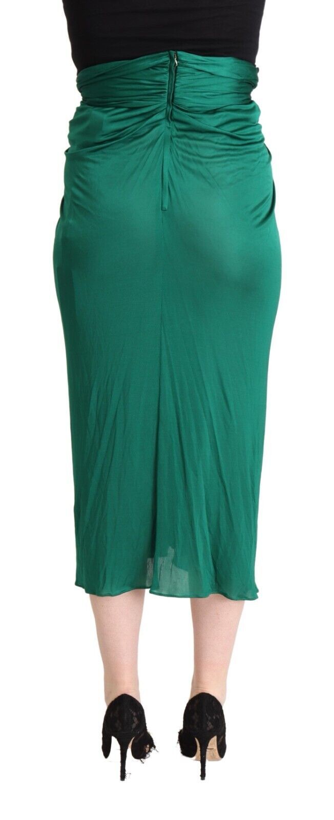 Dolce & Gabbana Dark Green High Waist Midi Pencil Cut Pleated Women's Skirt