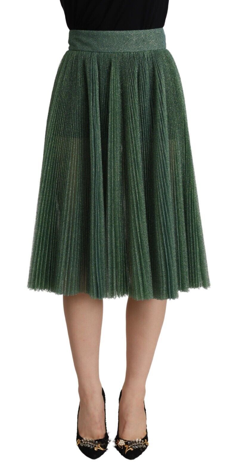 Dolce & Gabbana Metallic Green Pleated A-Line Midi Women's Skirt