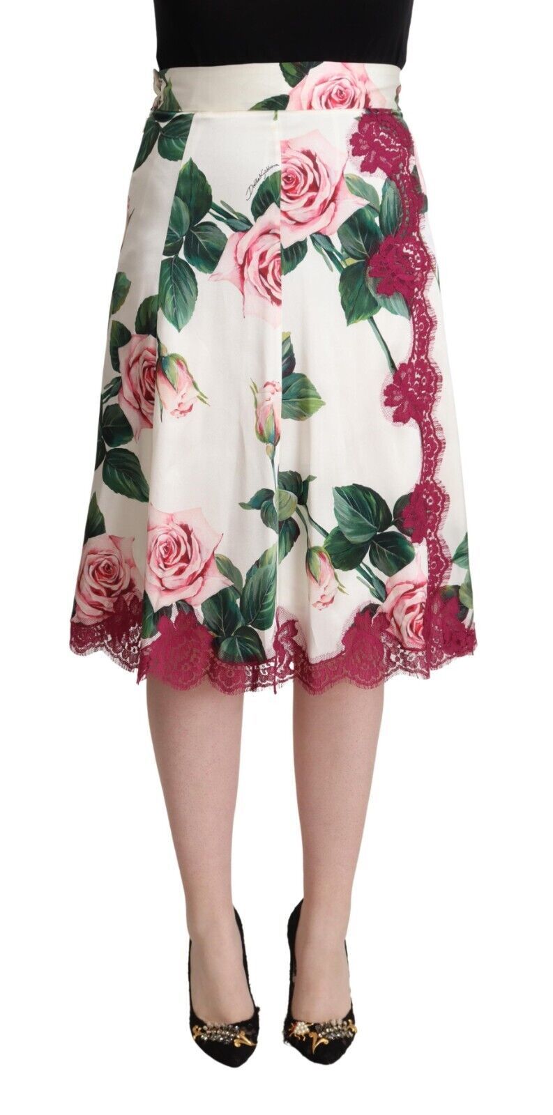 Dolce & Gabbana White Rose Print High Waist Midi A-line Women's Skirt