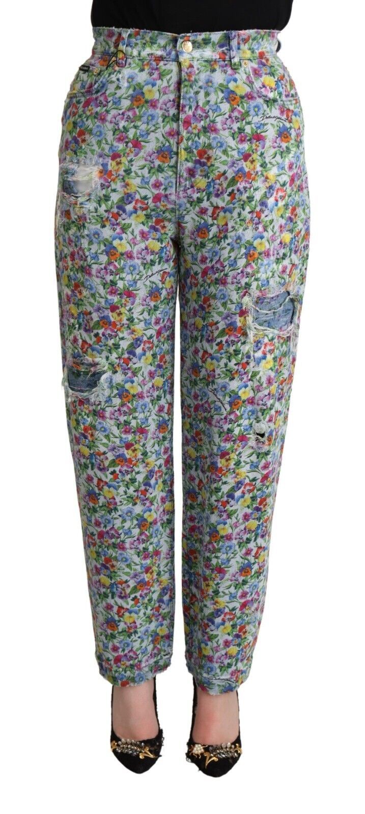 Dolce & Gabbana Blue Floral Print High Waist Denim Tapered Women's Jeans