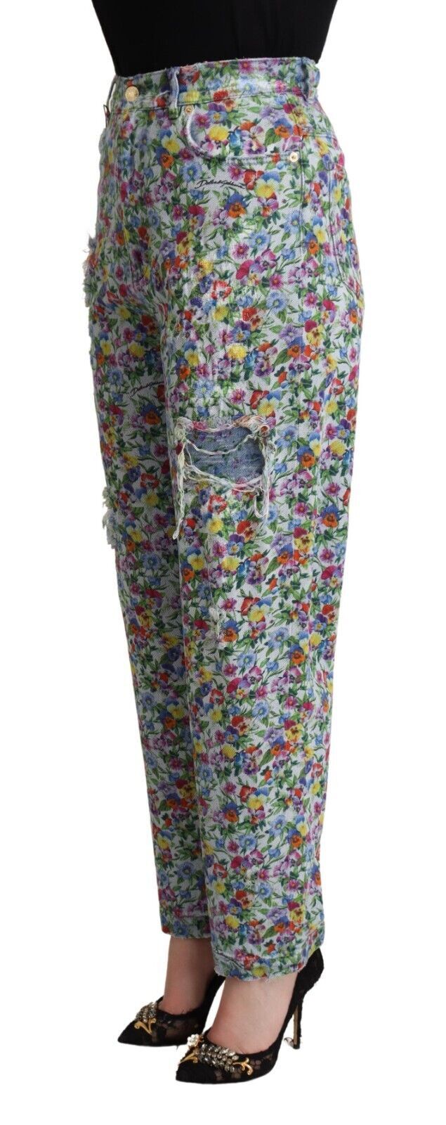 Dolce & Gabbana Blue Floral Print High Waist Denim Tapered Women's Jeans