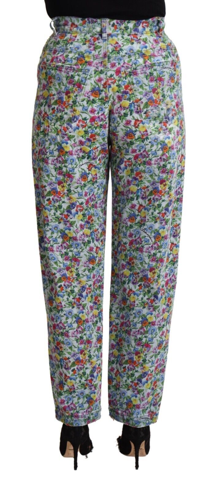 Dolce & Gabbana Blue Floral Print High Waist Denim Tapered Women's Jeans
