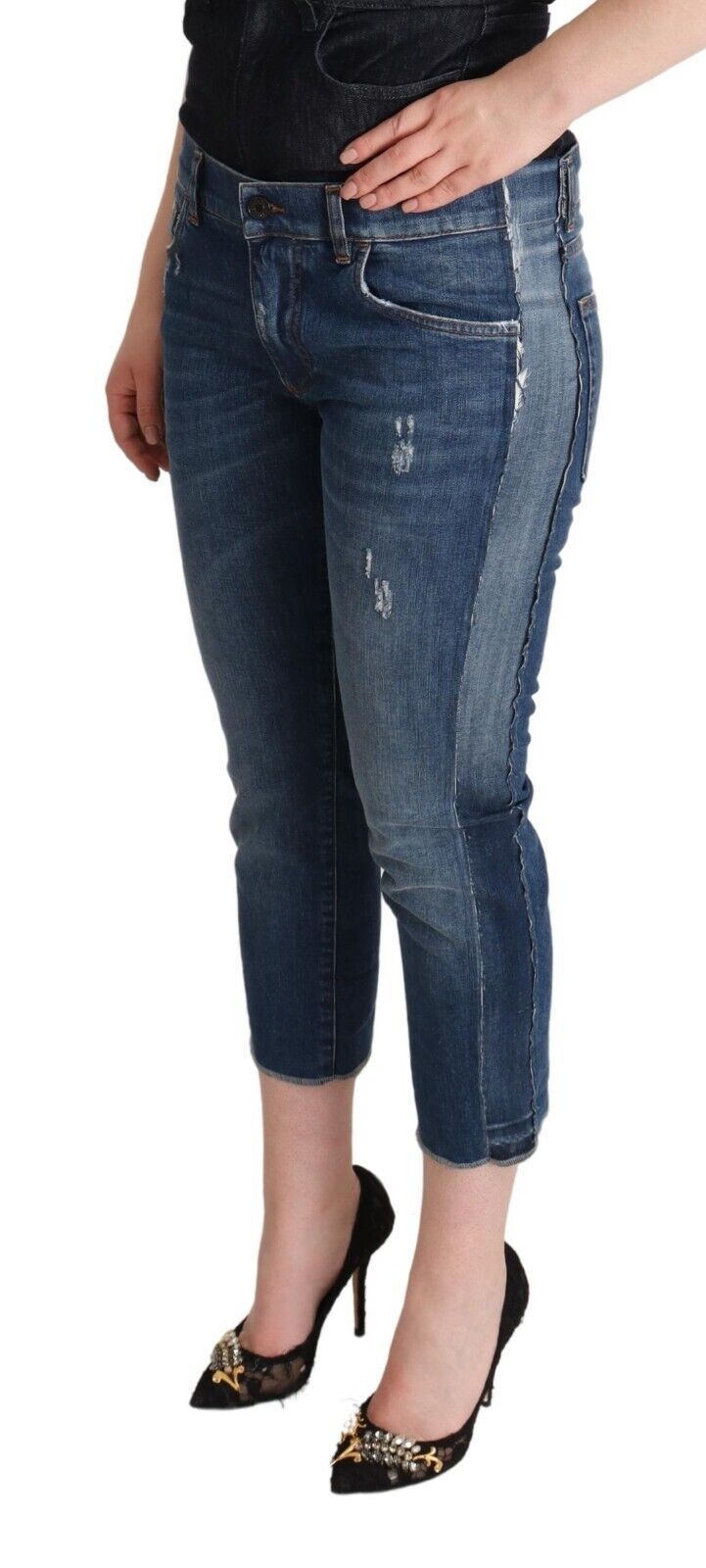 Dolce & Gabbana Blue Washed Mid Waist Denim Logo Cropped Women's Jeans