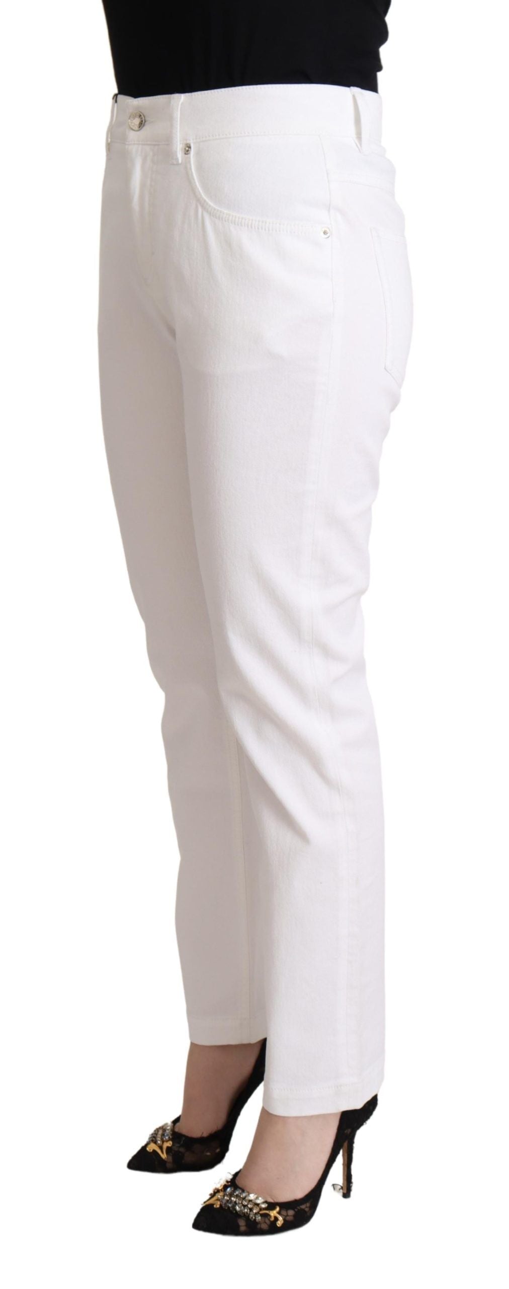 Dolce & Gabbana Chic White Tapered Denim Jeans with Logo Women's Patch