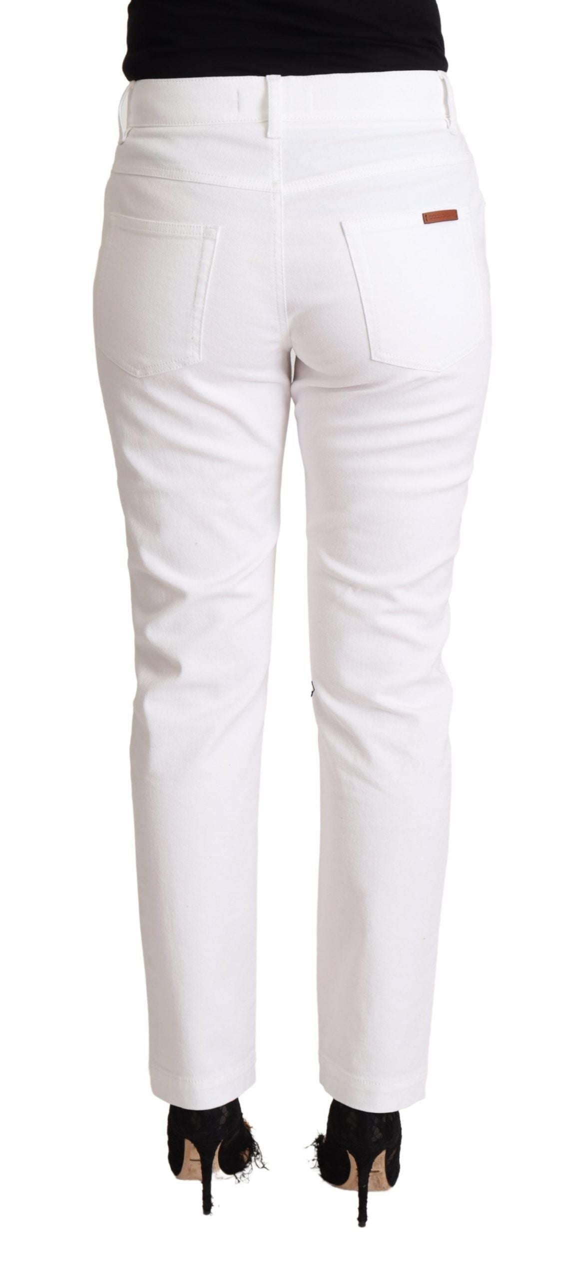 Dolce & Gabbana Chic White Tapered Denim Jeans with Logo Women's Patch