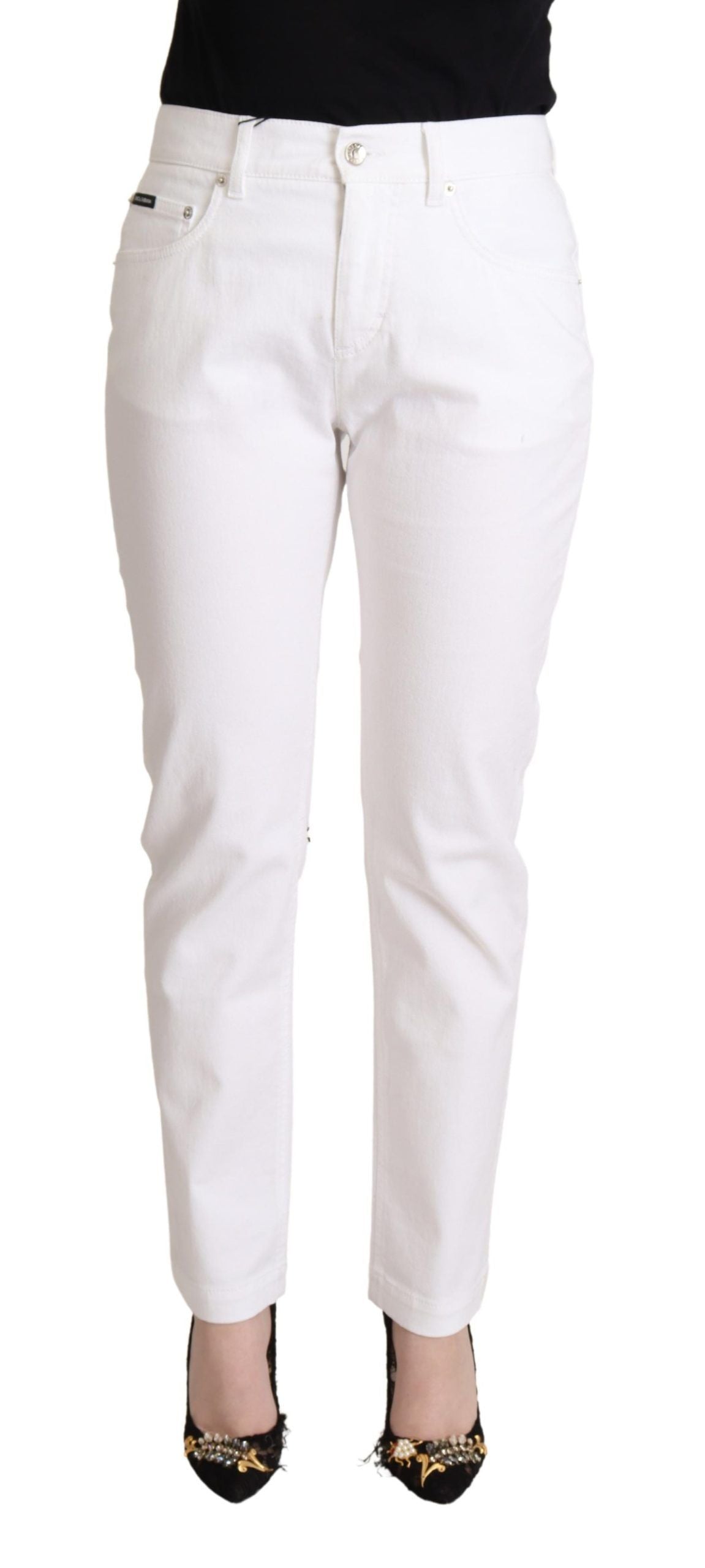 Dolce & Gabbana Chic White Tapered Denim Jeans with Logo Women's Patch