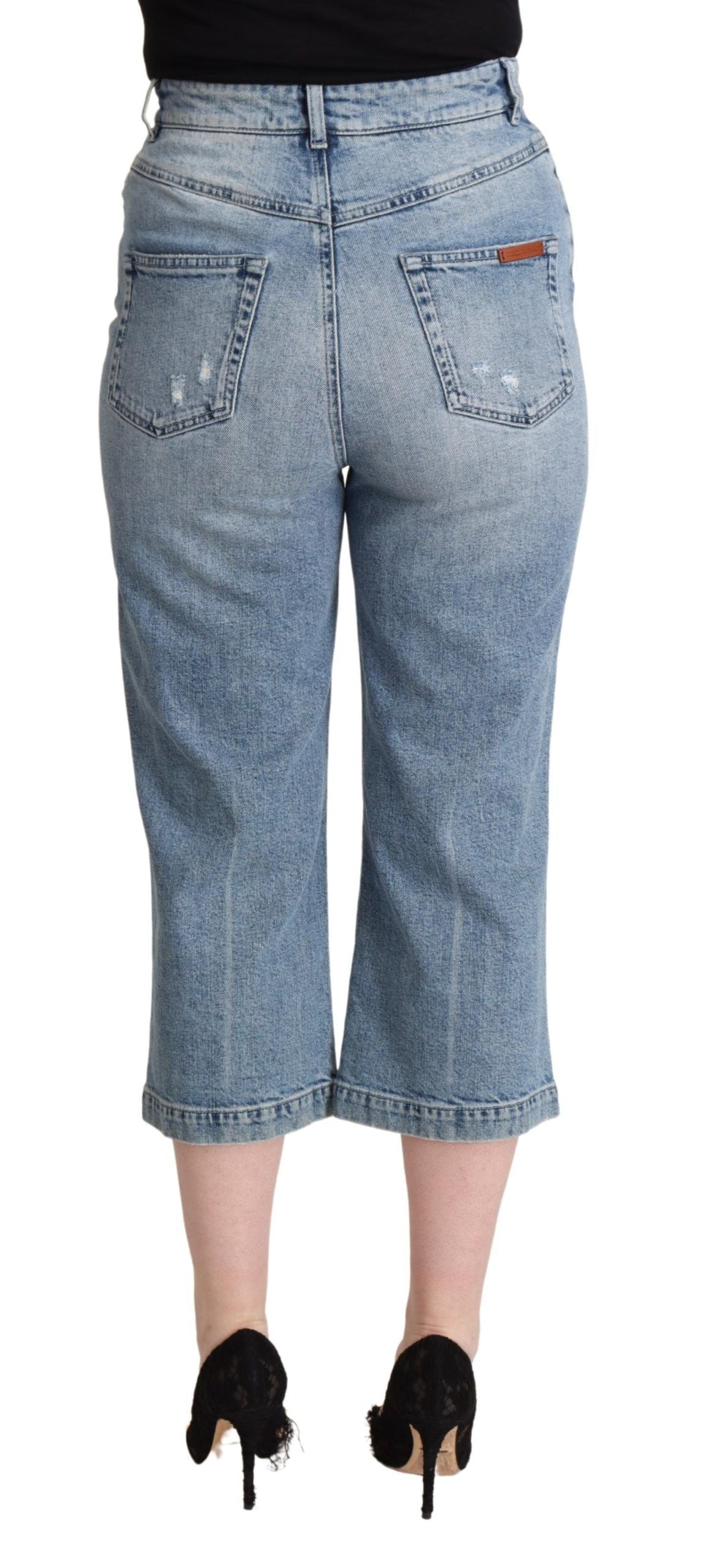 Dolce & Gabbana Blue Tattered Cotton Denim Capri Cropped Women's Jeans
